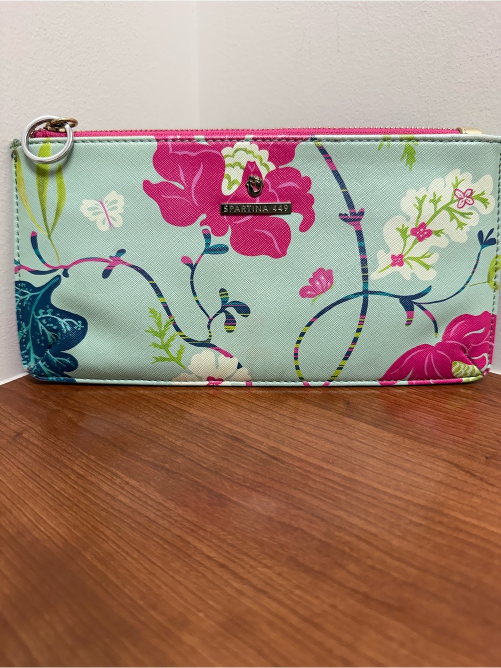 Spartina 449 Floral Print Zip Clutch Walket Pouch in Mint and Hot Pink